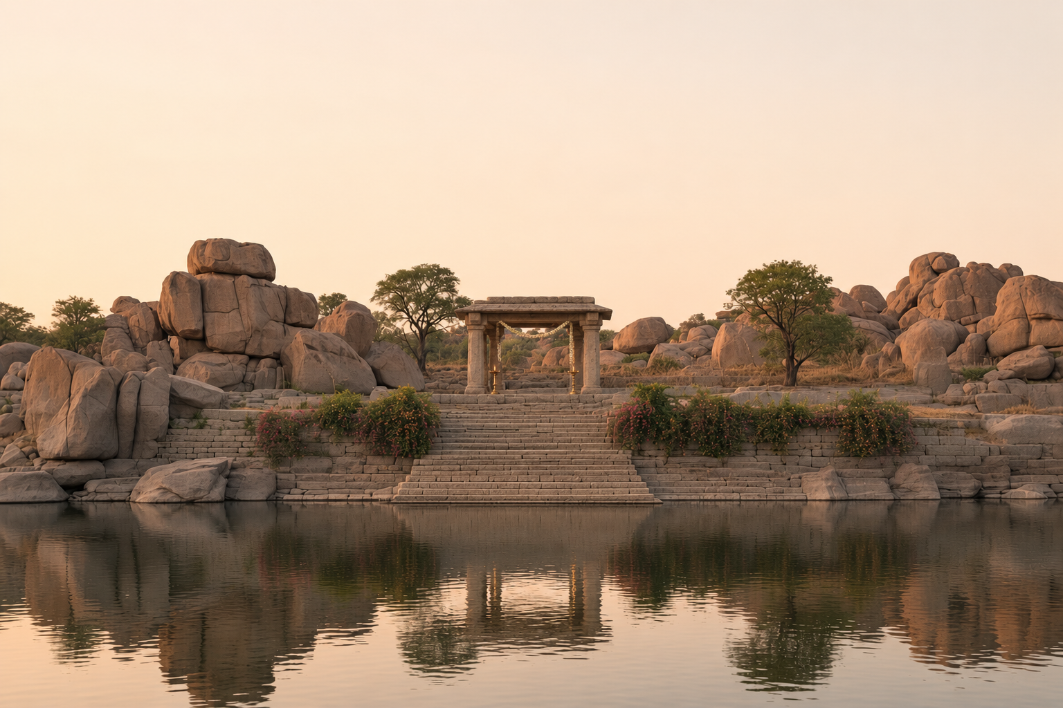 A quiet stone wedding mantapa above Hampi's river steps, reflected in the water at dawn.